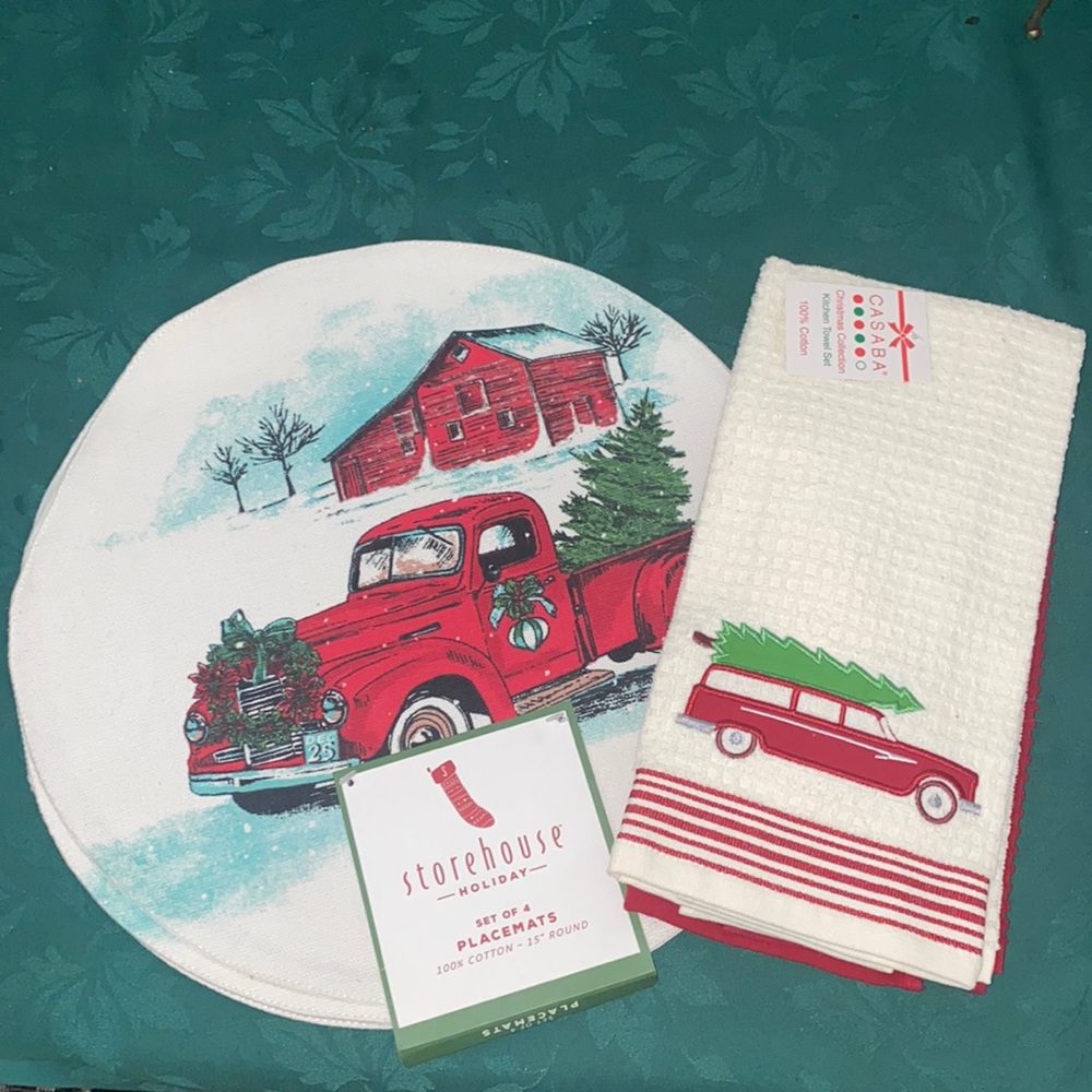 Set of Christmas truck decor placemats and dish towels